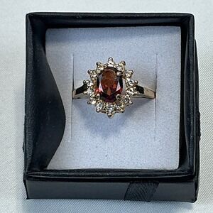 Vintage Style Red Glass Halo Ring Gold Tone Size 7.25 Costume Jewelry